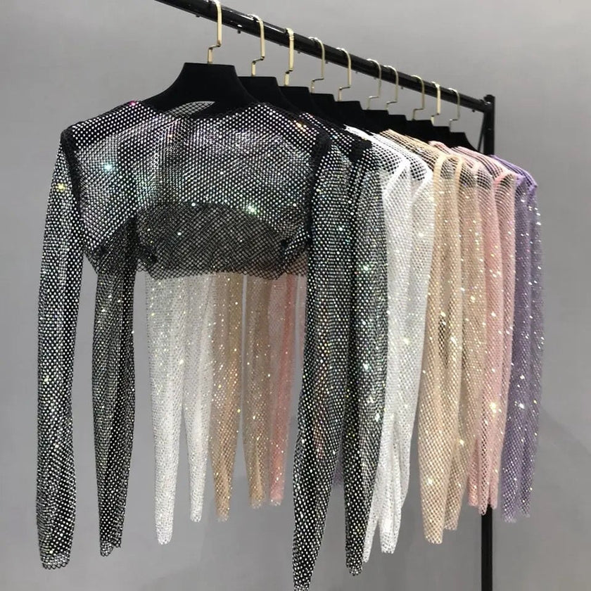 Cropped Embellished Mesh Top