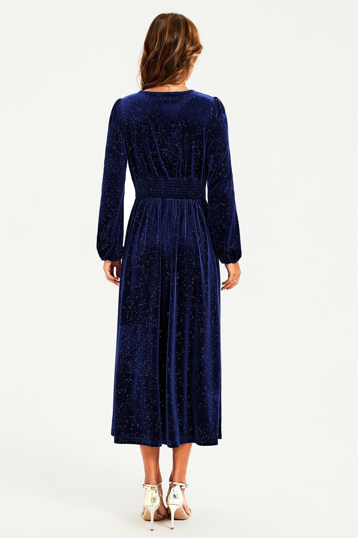 Silver Foil Velvet Lace Trim Neckline Midi Dress In Navy