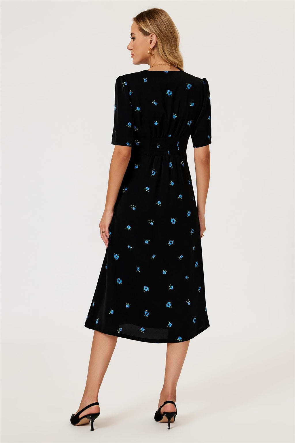 Blue Floral Print Button Front Midi Dress In Black