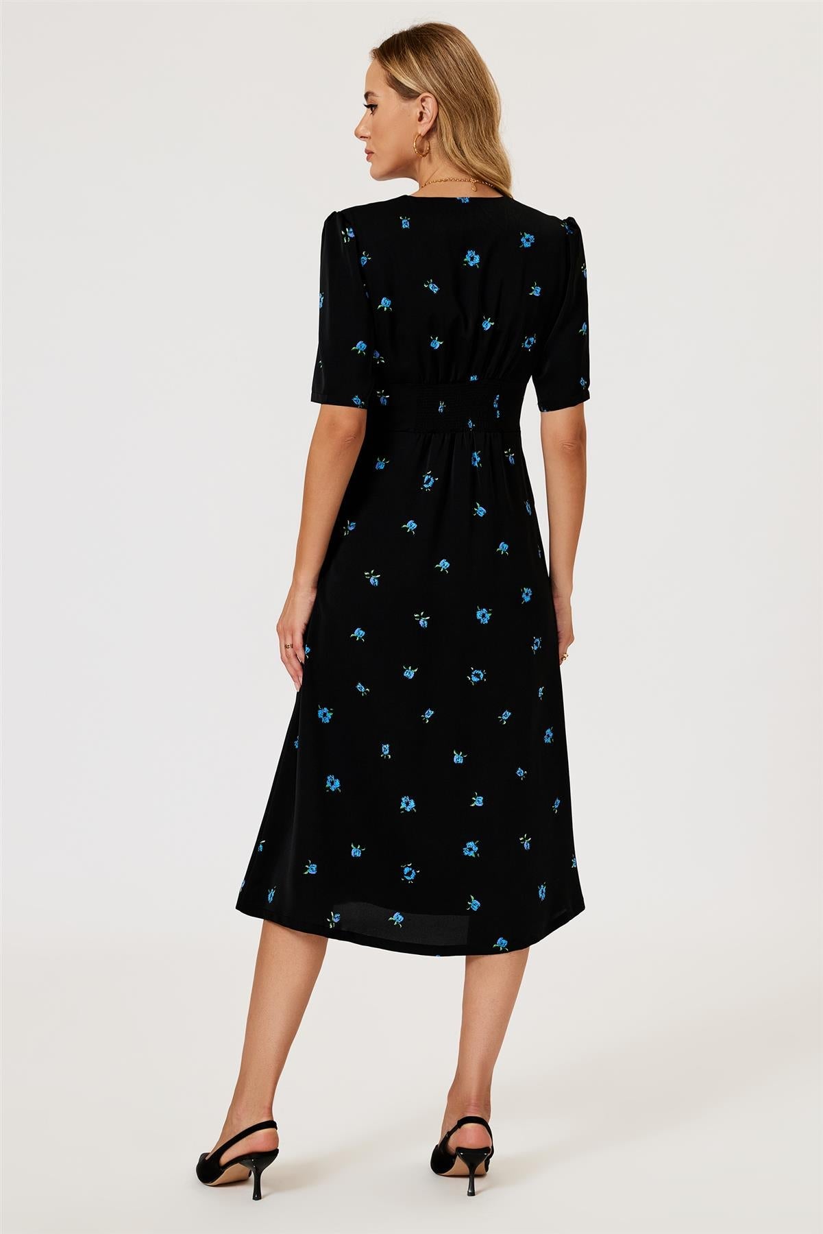 Blue Floral Print Button Front Midi Dress In Black