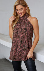 Black Leopard Print Halter Neck Tie Back Top In Rusty Red