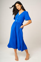 Button Front Midi Dress In Royal Blue