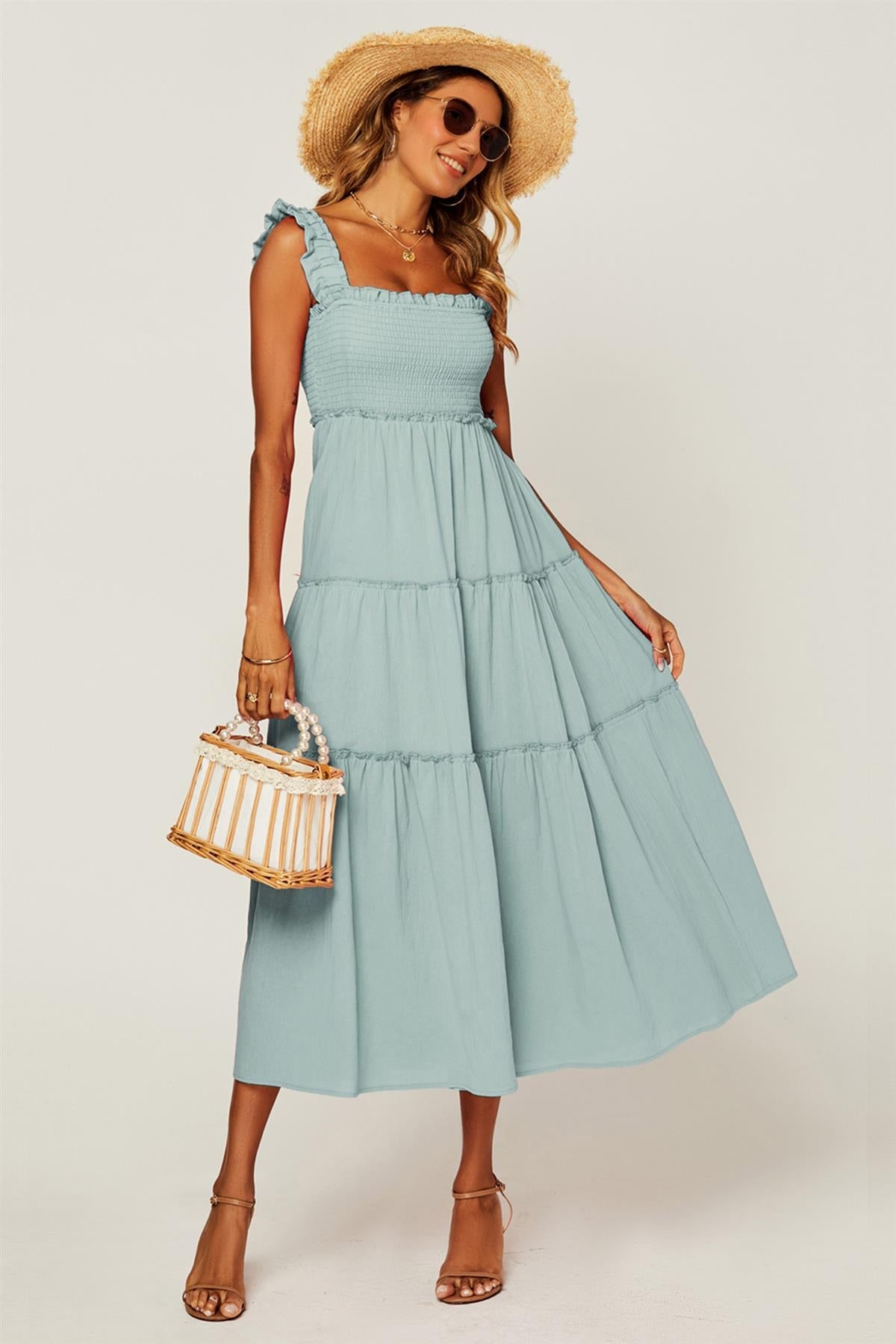 Hem Detail Tiered Maxi Dress In Duck Egg