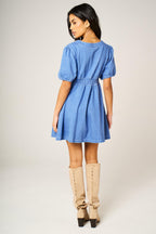 Puff Sleeve Button Down Denim Mini Dress In Light Blue