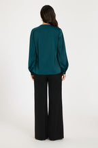 Long Sleeve Satin Blouse Top In Teal