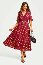 Gold Foil Long Sleeve Lace Trim V Neck Maxi Dress In Wine