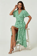 Floral Print Midi Wrap Dress In Light Green
