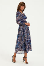 Gold Foil Abstract Print Long Sleeve Midi Dress In Navy
