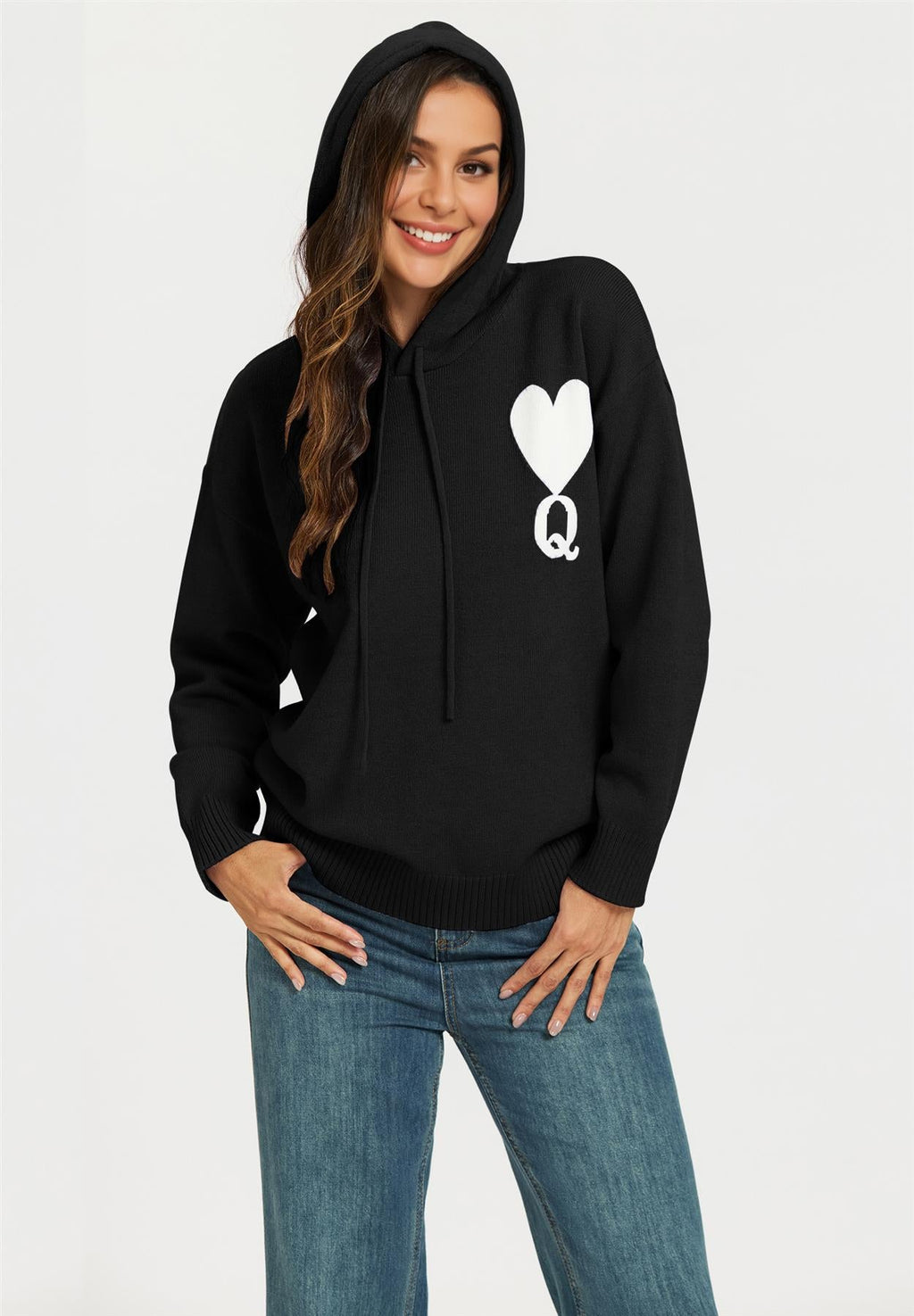 Heart & Q word knitted hoodie In Black