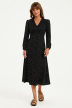 Dot Print Long Sleeve Button Front Midi Dress In Black