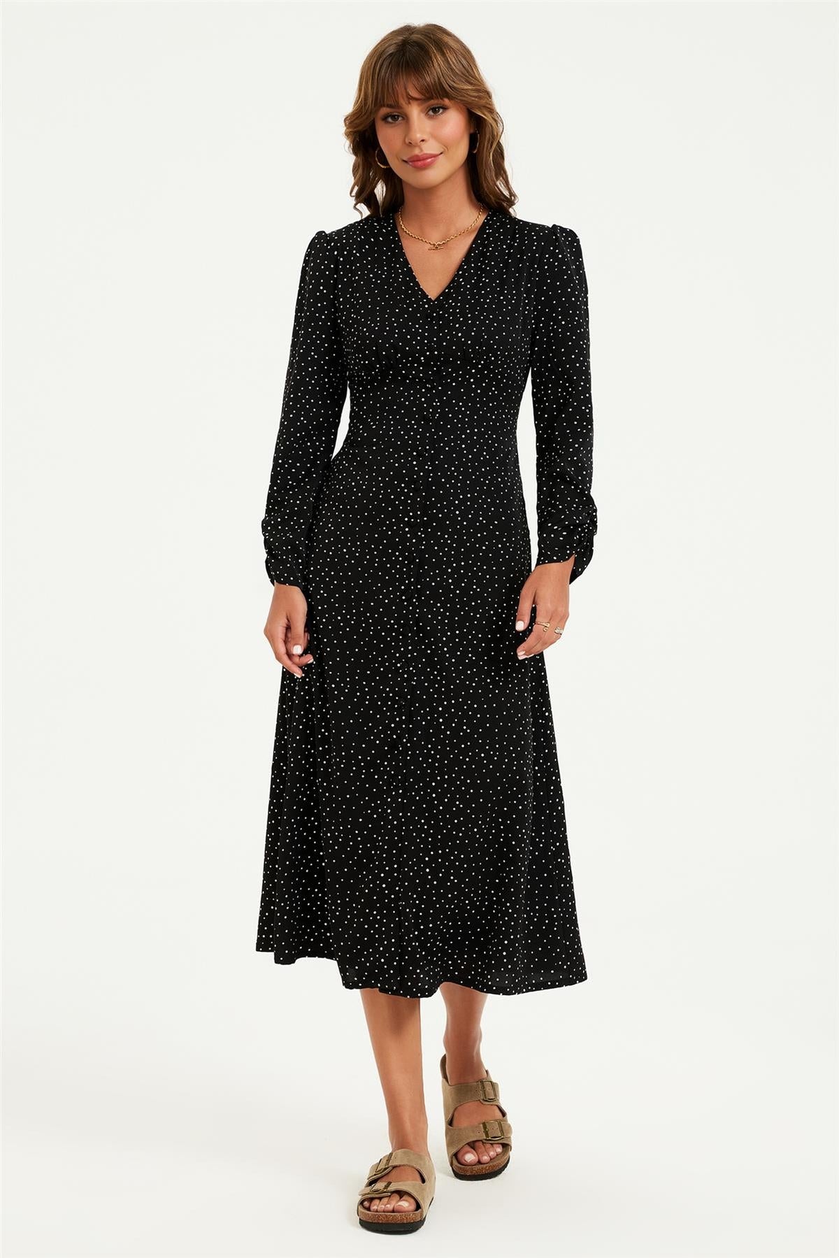 Dot Print Long Sleeve Button Front Midi Dress In Black