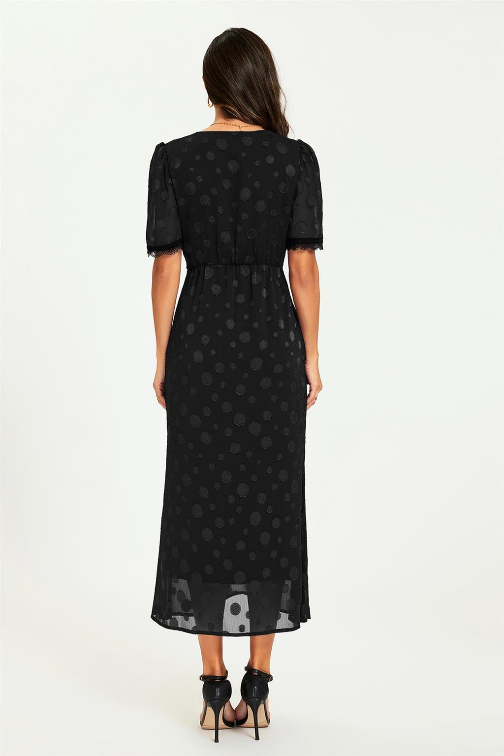 Polka Dot Jacquard Lace Trim Midi Dress In Black