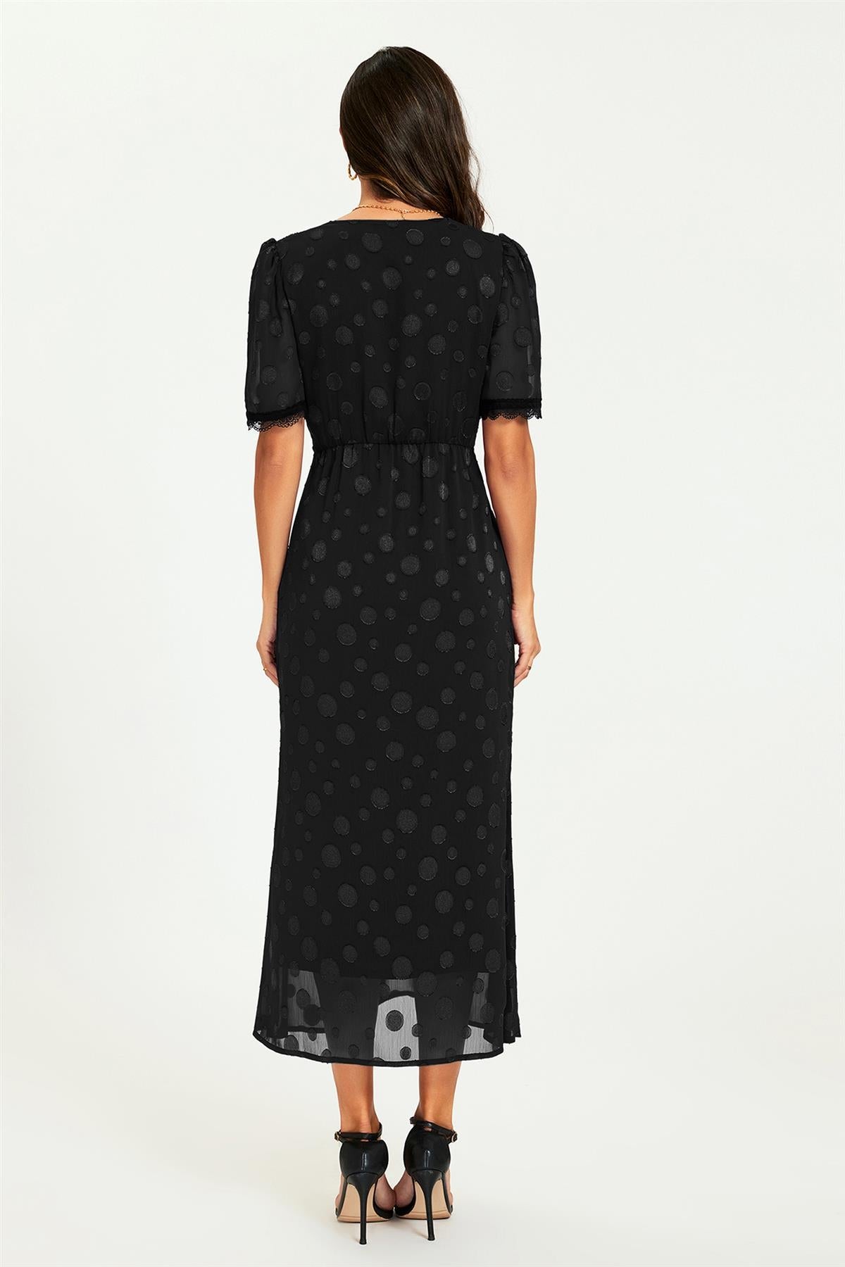 Polka Dot Jacquard Lace Trim Midi Dress In Black
