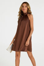 Satin Halter Neck Tie Back Mini Dress In Brown