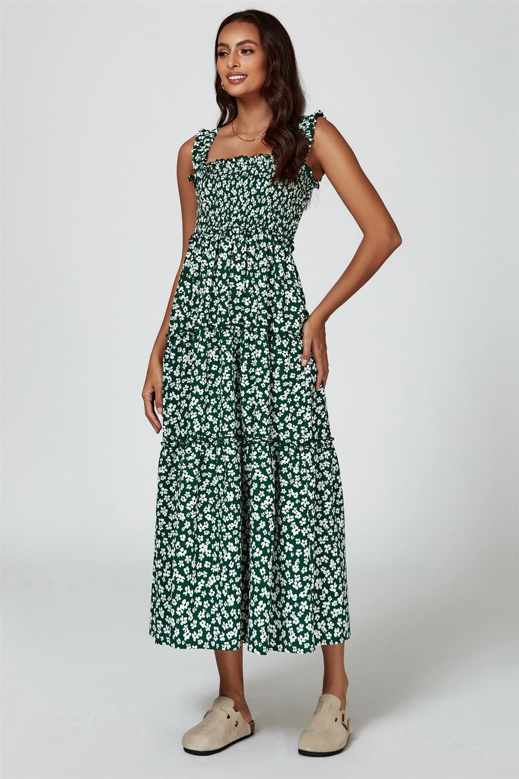 Floral Print Hem Detail Tiered Maxi Dress In Green