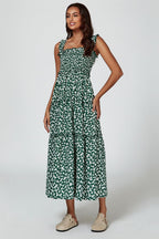 Floral Print Hem Detail Tiered Maxi Dress In Green