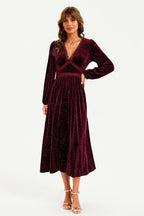 Silver Foil Velvet Lace Trim Neckline Midi Dress In Wine