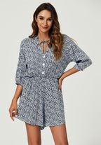 Daisy Floral Print Boho Playsuit With Buttons In Navy