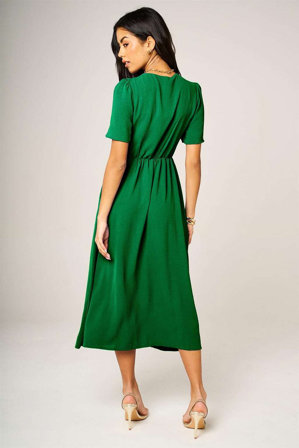 Button Front Midi Dress In Green