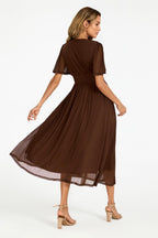 Flutter Sleeve Mesh Midi Dress In Brown