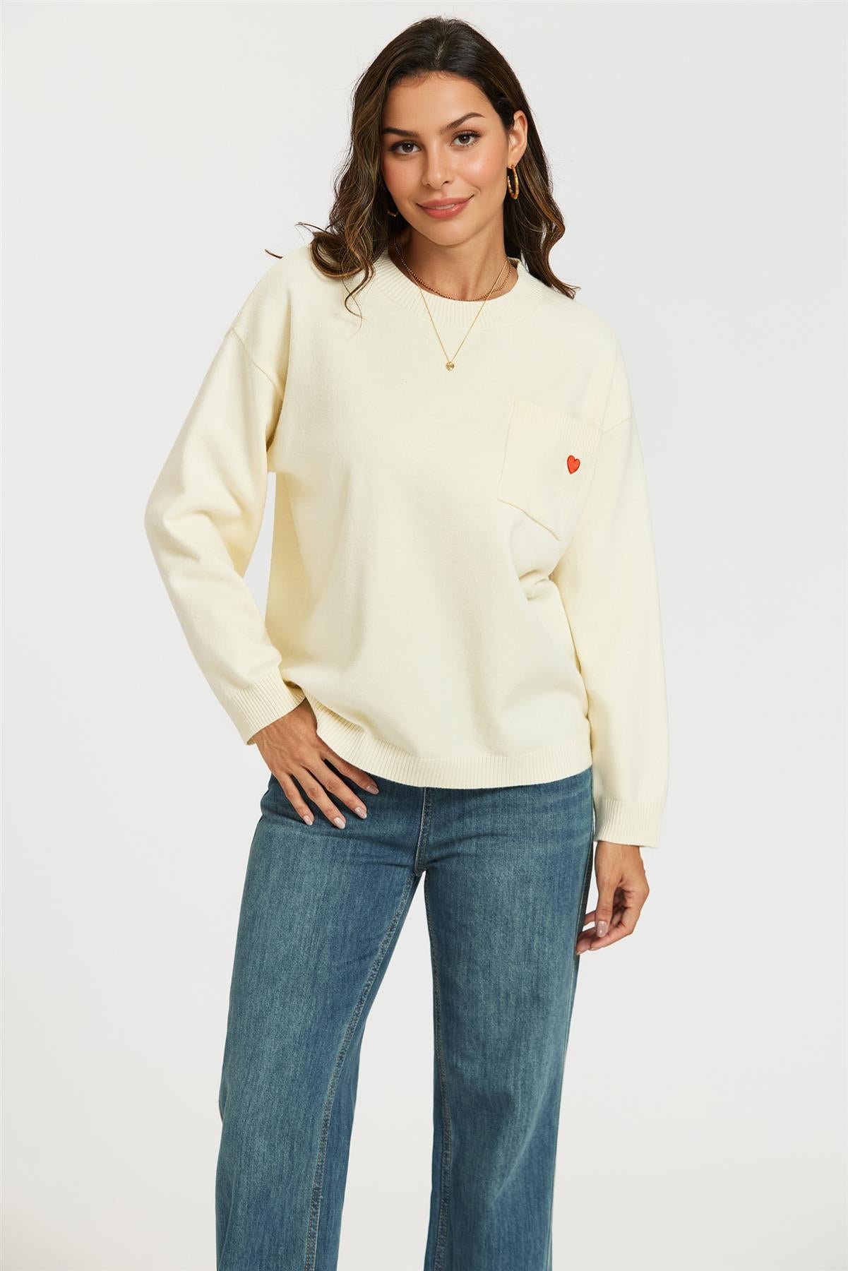 Heart Embroidered Knit Jumper Top In Cream