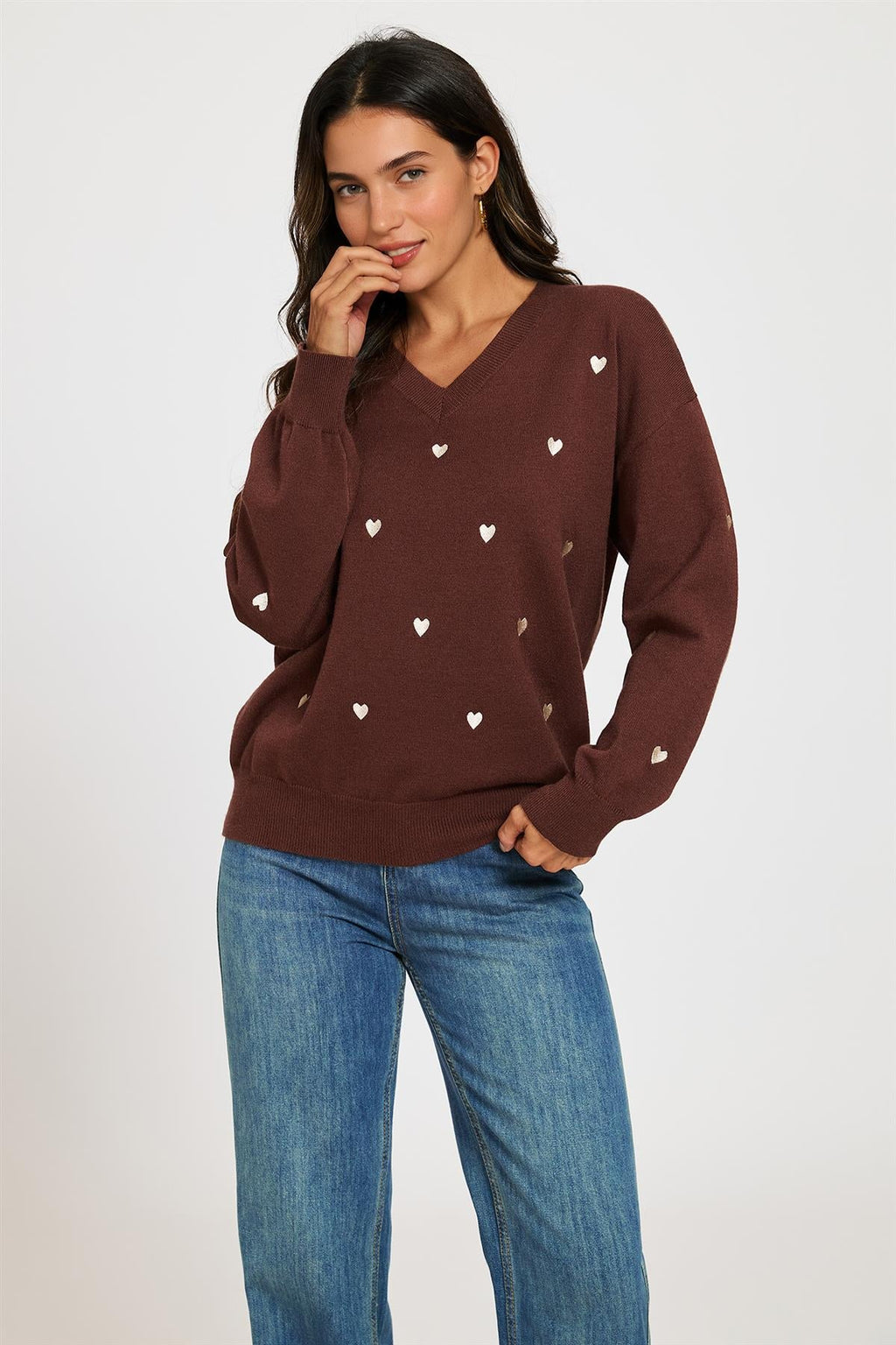 Embroidery Cream Heart V Neck Jumper In Brown