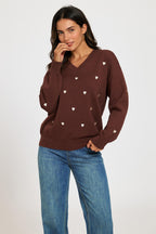 Embroidery Cream Heart V Neck Jumper In Brown