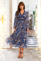 Gold Foil Abstract Print Long Sleeve Midi Dress In Navy