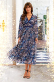 Gold Foil Abstract Print Long Sleeve Midi Dress In Navy