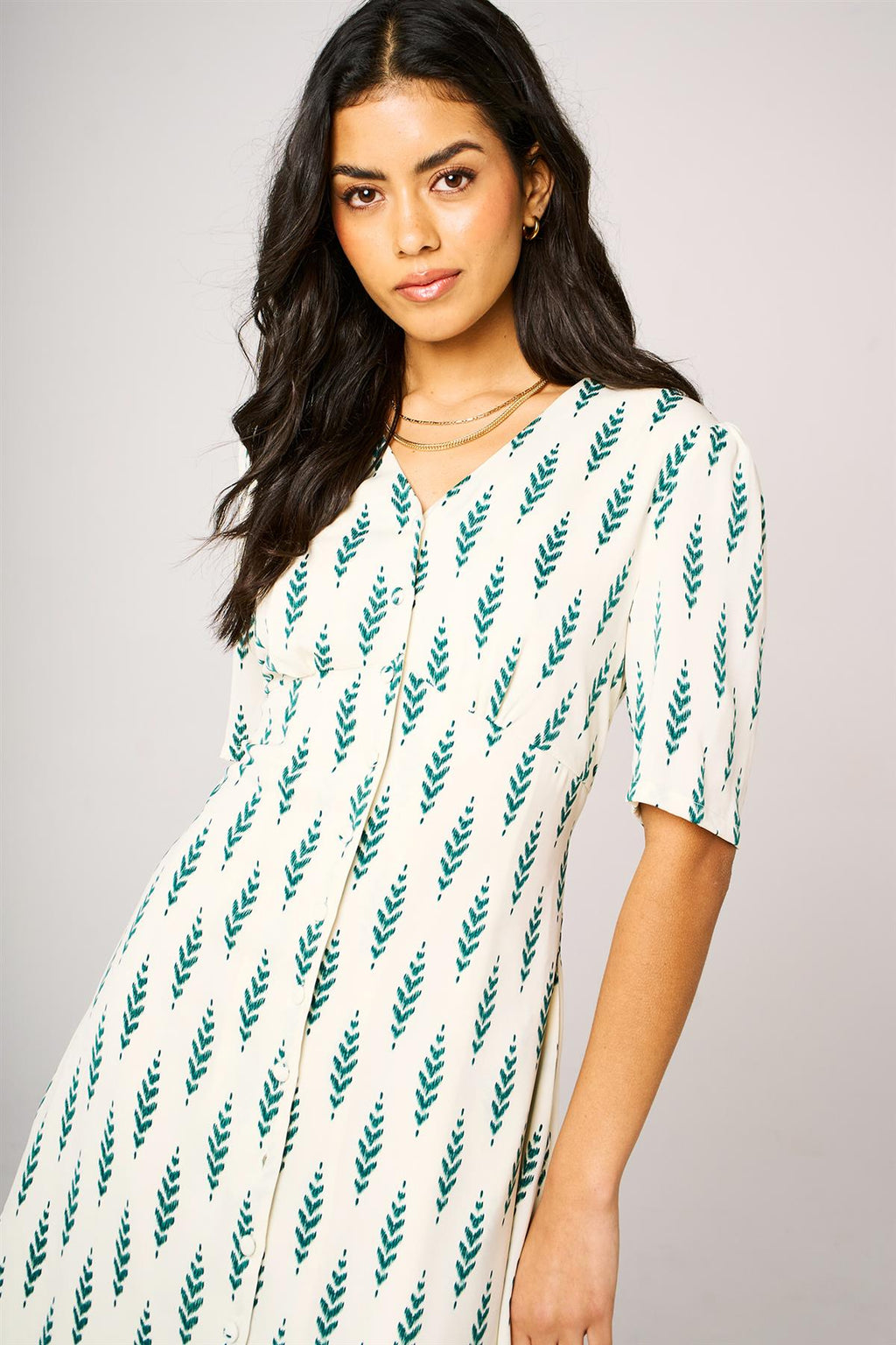 Green Leaf Print Button Front Midi Dress In White