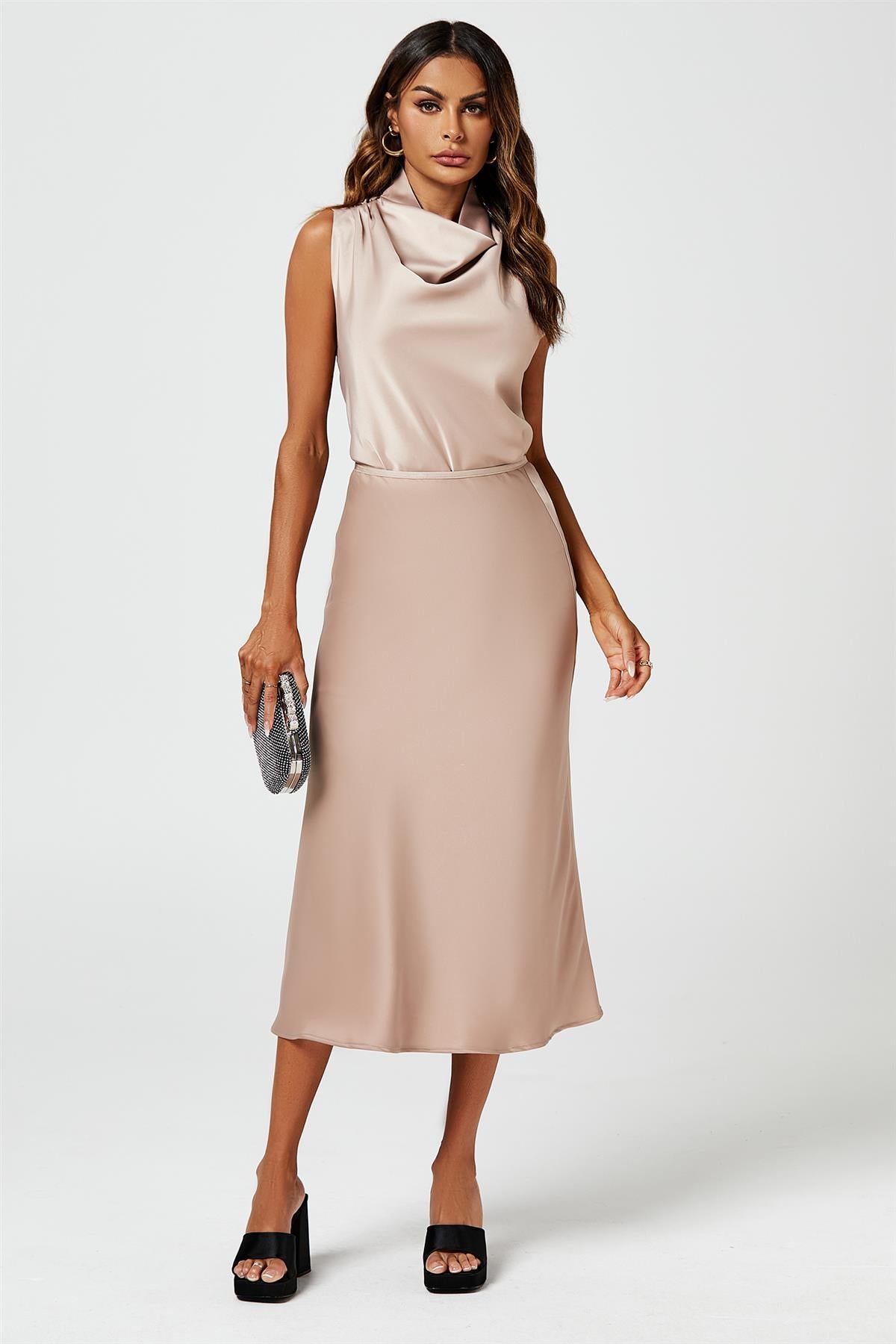 Satin High Neck Sleeveless Blouse In Light Brown