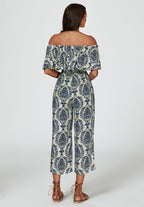 Off The Shoulder Print Frill Jumpsuit In Navy