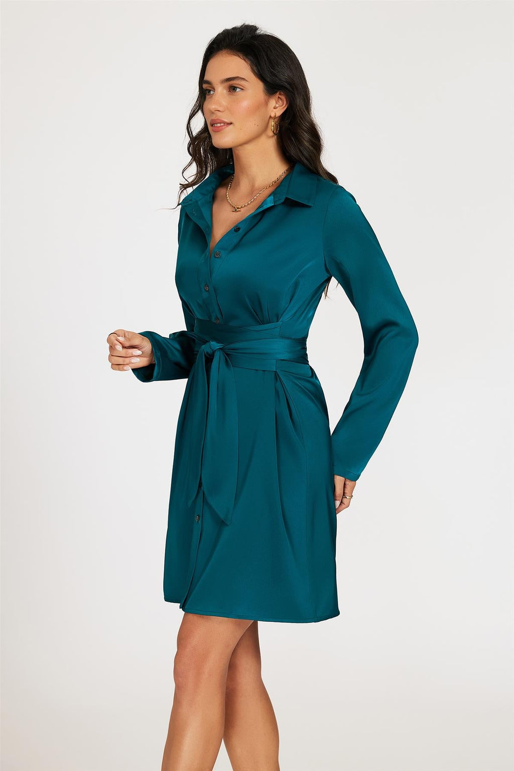 Satin Wrap Tie Mini Shirt Dress In Teal