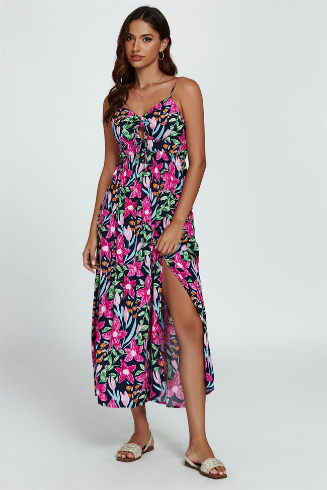 Robe longue à imprimé floral et nouée sur le devant, noire