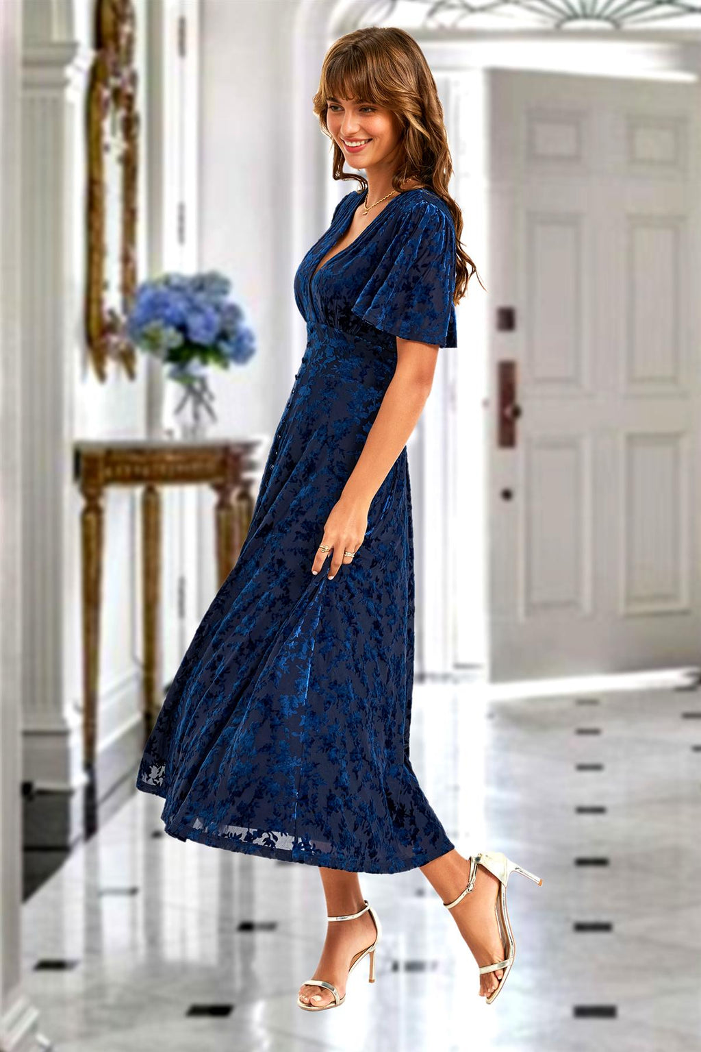 Floral Velvet Devore V neckline Dress In Navy