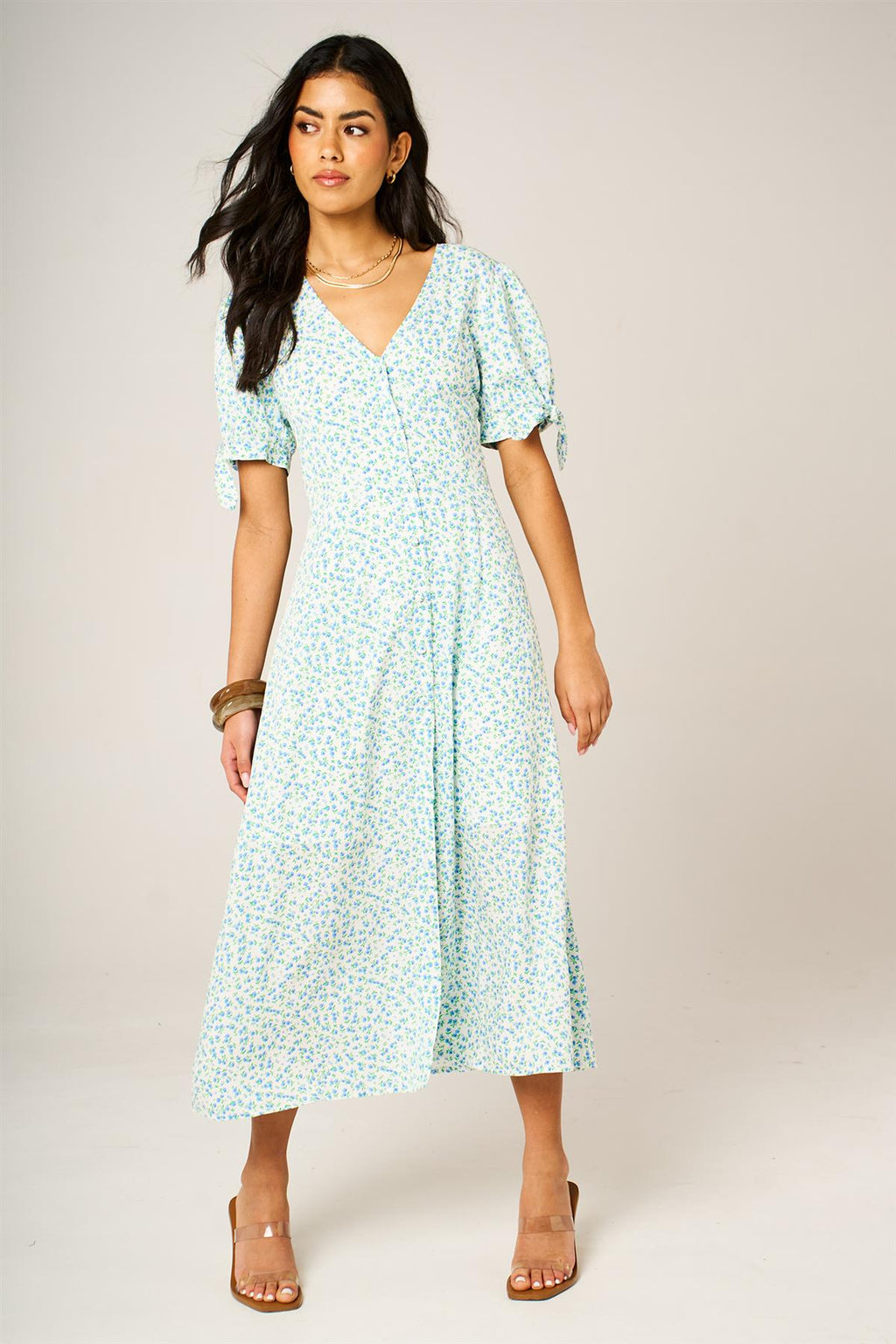 Green Blue Floral Print Button Front Tie Sleeve Midi Dress In White