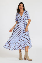 Polka Dot Print Angel Sleeve V Neck Frill Hem Midi Dress In Blue