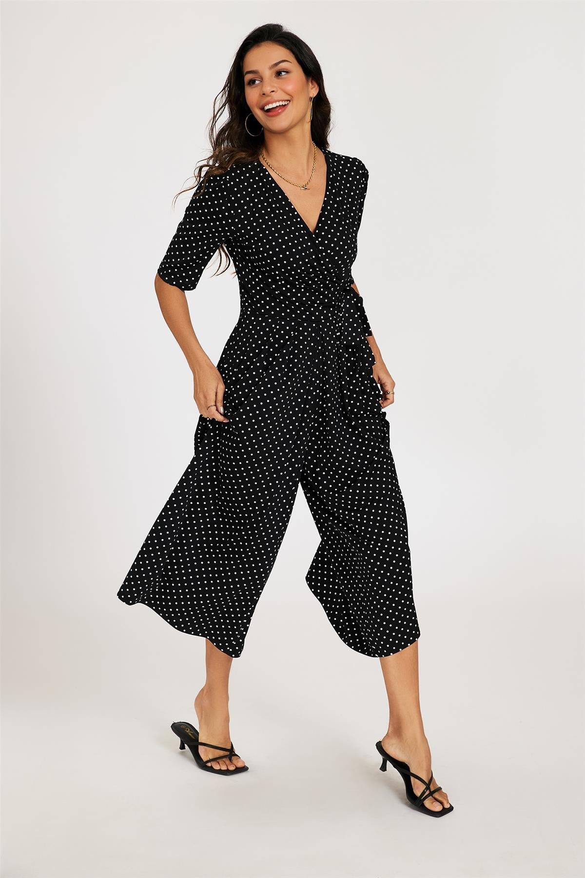 Dot Print Short Sleeve Jersey Jumpsuit In Black