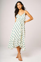 Green Leaf Print Button Down High Low Strappy Dress In White