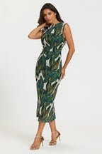 Leaf Print Mesh Maxi Dress In Green