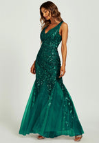 Sequin Leaf Detailed V Neck Bridesmaid Maxi Dress In Green