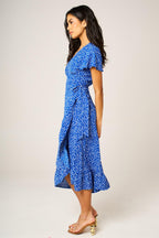 Hem Frill Detail Little Floral Print Wrap Dress In Blue