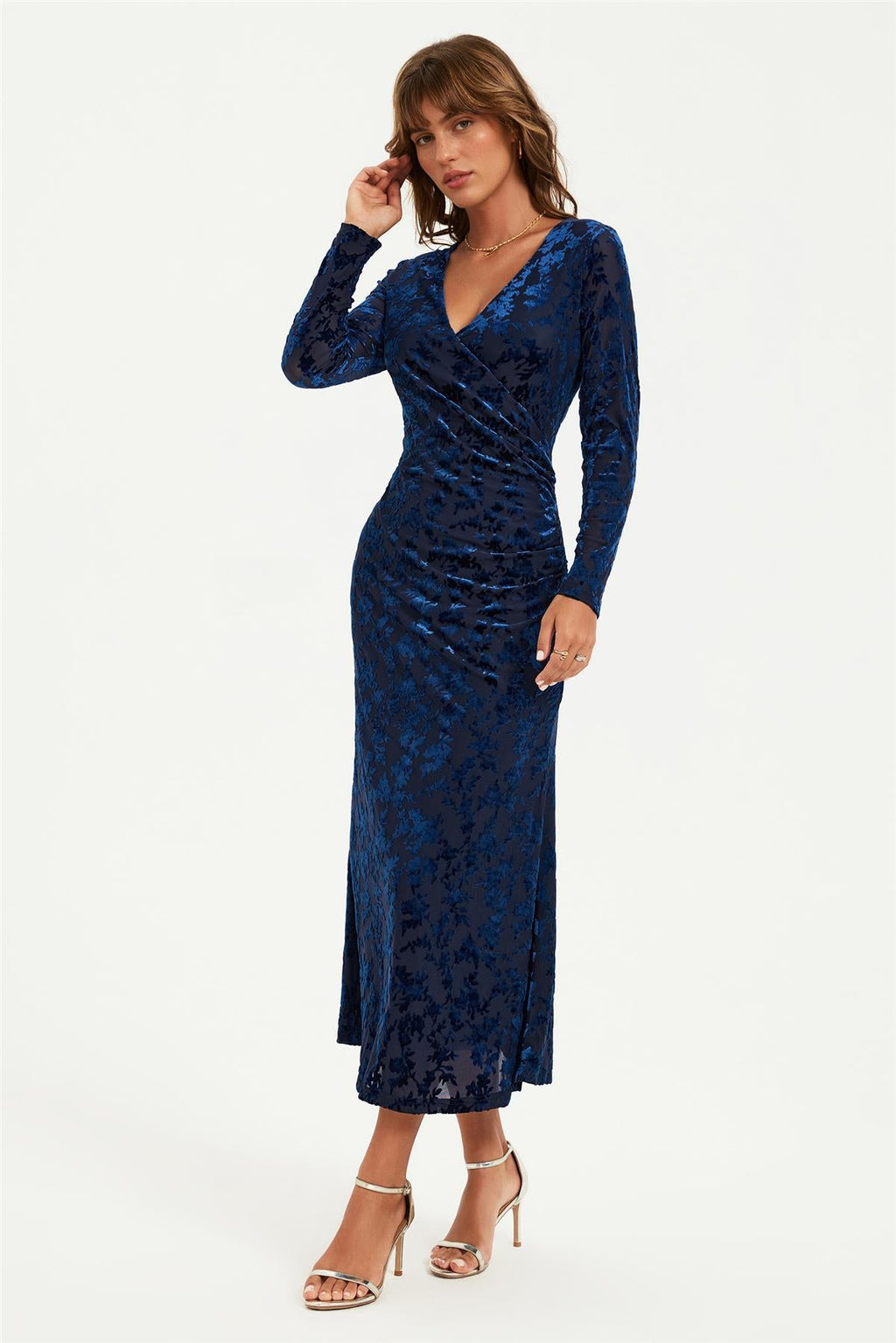 Floral Velvet Devore Long Sleeve Wrap Midi Dress In Navy
