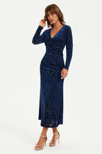 Floral Velvet Devore Long Sleeve Wrap Midi Dress In Navy