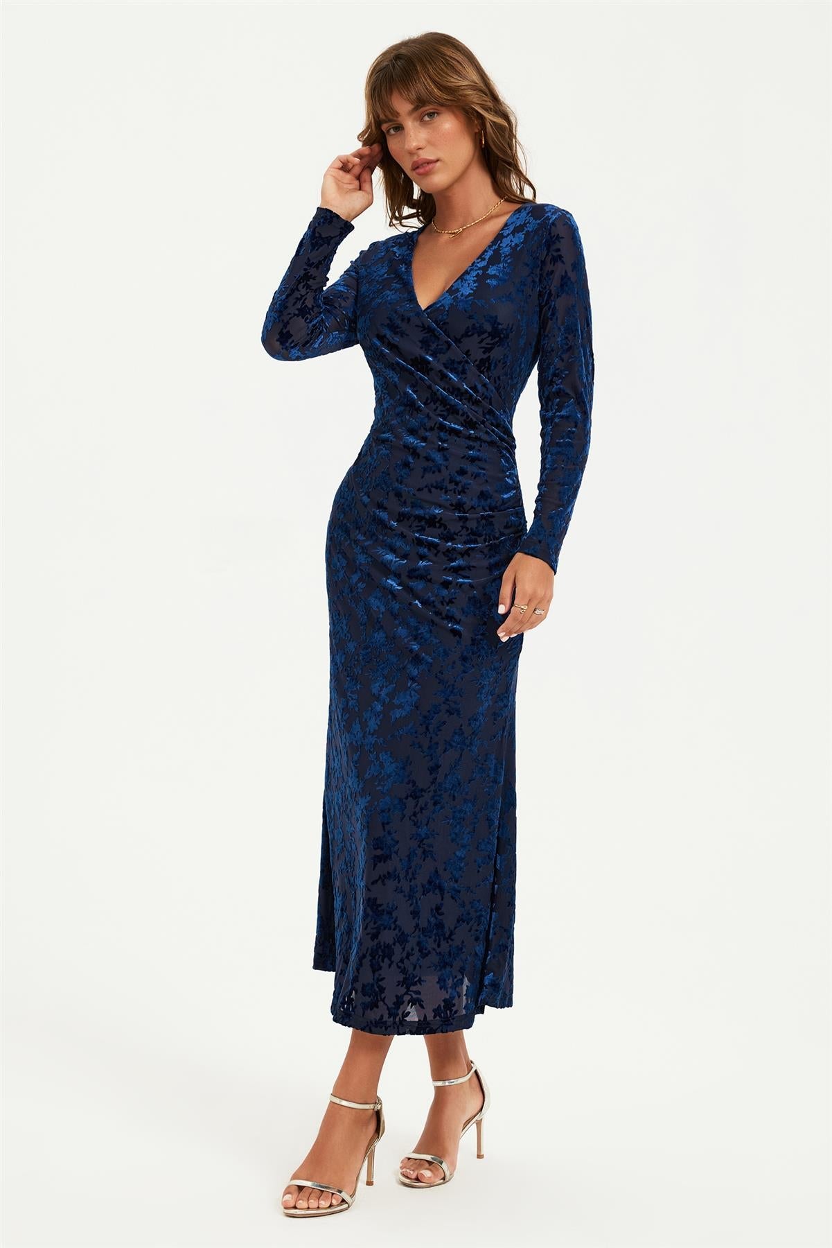 Floral Velvet Devore Long Sleeve Wrap Midi Dress In Navy