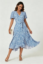 Floral Print Midi Wrap Dress In Blue