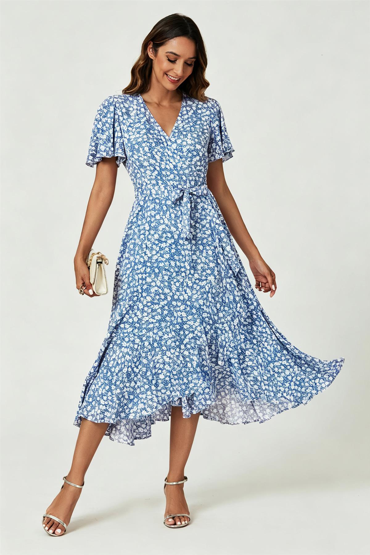 Floral Print Midi Wrap Dress In Blue