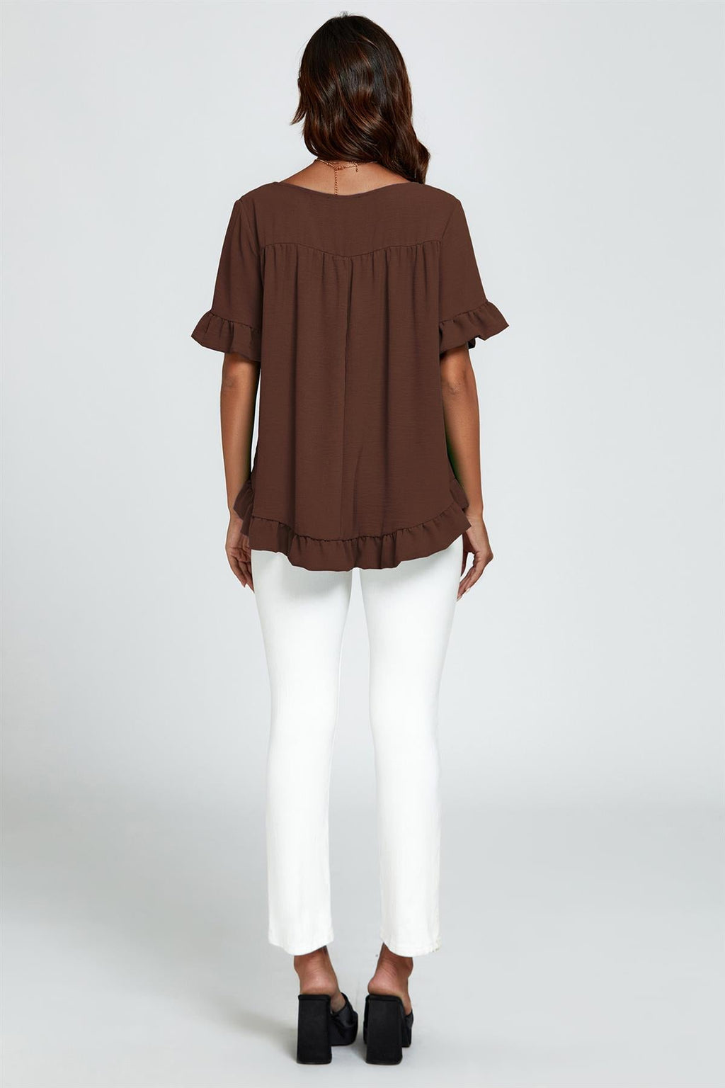Frill Detail Short Sleeves Top In Brown
