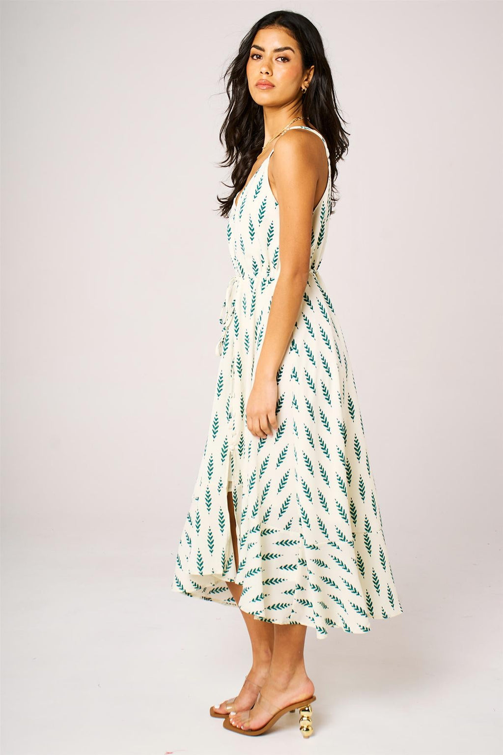 Green Leaf Print Button Down High Low Strappy Dress In White