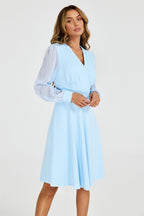 Long Sleeve Pleated Detail Midi Dress In Pale Blue